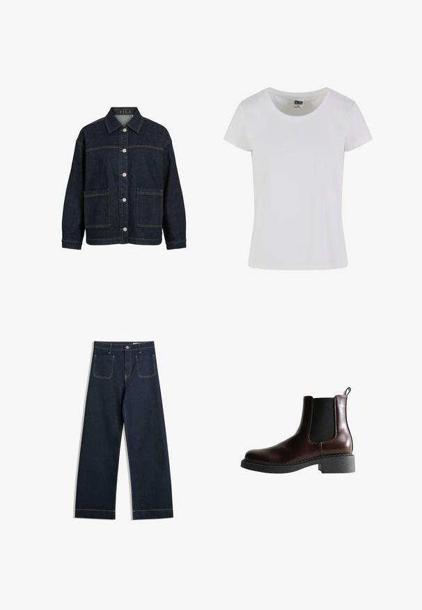 Mørkeblå denimjakke med lange ærmer, knaplukning foran, store forlommer og krave, mærket VILA inde i kraven.; Hvid, kortærmet t-shirt lavet af bomuld. Har en rund halsudskæring og en tætsiddende form. Lappen læser "URBAN CLASSICS."; Mørkeblå vide jeans lavet af denim med kontrasterende beige syninger, to baglommer og en knaplukning i taljen.; Brune læder ankelstøvle med elastiske sidepaneler, rund tå og en struktureret sort gummisål. Har kontrasterende syninger og en trækflap.