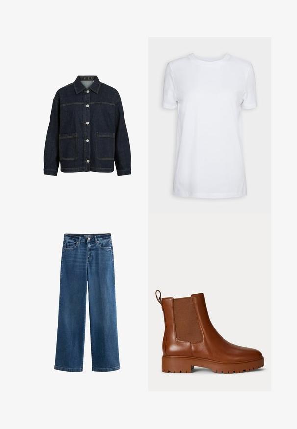 Mørkeblå denimjakke med lange ærmer, knaplukning foran, store forlommer og krave, mærket VILA inde i kraven.; Simpel hvid T-shirt med korte ærmer og rund hals, normal pasform og et lille indvendigt mærke på nakken med teksten "SELECTED FEMME."; Blå vidde jeans i denim med høj talje, fem lommer, subtile slidte detaljer, knaplukning og kontrasterende syninger.; Brun læder Chelsea-støvle med elastisk sidepanel, trækstrop ved hælen og kraftig udvendig sål.