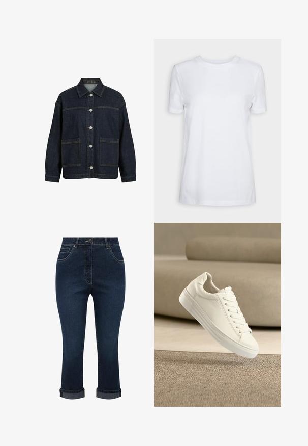 Mørkeblå denimjakke med lange ærmer, knaplukning foran, store forlommer og krave, mærket VILA inde i kraven.; Simpel hvid T-shirt med korte ærmer og rund hals, normal pasform og et lille indvendigt mærke på nakken med teksten "SELECTED FEMME."; Mørkeblå denim korte jeans med forlommer, knaplukning og optrukne kanter.; Hvid lædersneaker med snørebånd svævende over et tekstureret beige tæppe, med en beige sofa i den slørede baggrund.