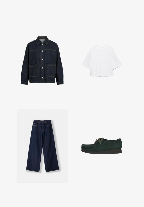 Dunkelblaue Jeansjacke mit langen Ärmeln, Knopfleiste vorne, großen vorderen Taschen und Kragen, innen am Kragen mit dem Label VILA.; Weißes, kurzärmeliges, kastiges T-Shirt aus weicher Baumwolle. Es verfügt über einen Rundhalsausschnitt und breite Ärmel mit einem klaren, schlichten Design.; Dunkelblaue Jeans mit weitem Bein, vorderer Knopf- und Reißverschluss, vorderen Taschen und Gürtelschlaufen, flach auf weißem Hintergrund ausgelegt.; Grüner Wildlederschuh mit runder Zehenpartie und Schnürdesign. Verfügt über eine strukturierte schwarze Sohle und feine Nähte entlang der Kanten.