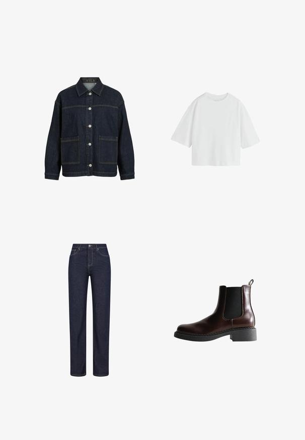 Donkerblauwe spijkerjas met lange mouwen, knoopsluiting aan de voorkant, grote voorzakken en kraag, met label VILA aan de binnenkant van de kraag.; Effen witte oversized T-shirt met korte mouwen, een ronde hals en een losse pasvorm.; Donkerblauwe jeans met rechte pijpen, voorzakken, riemlussen en een knoopsluiting in de taille.; Bruine leren enkelboot met elastische zijpanelen, ronde neus en een gestructureerde zwarte rubberen zool. Heeft contrasterende stiksels en een lusje aan de achterkant.