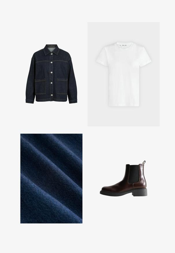 Dunkelblaue Jeansjacke mit langen Ärmeln, Knopfleiste vorne, großen vorderen Taschen und Kragen, innen am Kragen mit dem Label VILA.; Ein schlichtes weißes T-Shirt mit kurzen Ärmeln und Rundhalsausschnitt liegt flach auf einem hellgrauen Hintergrund, zeigt die Vorderseite mit einem Etikett im Halsausschnitt.; Dunkelblauer Jeansstoff mit einer glatten Textur, der sichtbare diagonale Webmuster sowie subtile Farb- und Glanzvariationen aufweist.; Braune Leder-Boots mit elastischen Seitenteilen, runder Spitze und einer strukturierten schwarzen Gummisohle. Verfügt über kontrastierende Nähte und eine Ziehlasche.