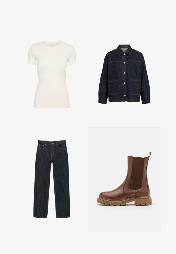 Donkerblauwe spijkerjas met lange mouwen, knoopsluiting aan de voorkant, grote voorzakken en kraag, met label VILA aan de binnenkant van de kraag.; Korte mouwen witte T-shirt van ribkatoen, met een ronde halslijn en een getailleerde pasvorm. Geen zichtbare patronen of accenten.; Donkerblauwe jeans met rechte pijpen, vijf zakken, knoopsluiting en contrasterend stiksel op een witte achtergrond.; Bruine leren enkelboot met elastische panelen en een trekomed. Kenmerkt zich door een robuuste rubberen zool en zichtbare stiksels langs de randen.