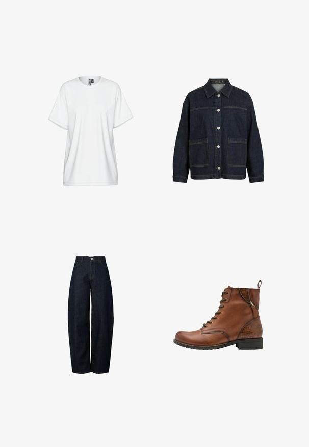 Mørkeblå denimjakke med lange ærmer, knaplukning foran, store forlommer og krave, mærket VILA inde i kraven.; Hvid bomulds-T-shirt med rund halsudskæring, korte ærmer og løs pasform. Har diskrete syningsdetaljer og en mærkat ved kraven.; Bredde ben mørkeblå denim jeans med høj talje, færdiggjort med kontrasterende orange syninger og en knaplukning foran.; Tamaris ELEGANTE MIT TOUCH-IT - Snørestøvletter - cognac