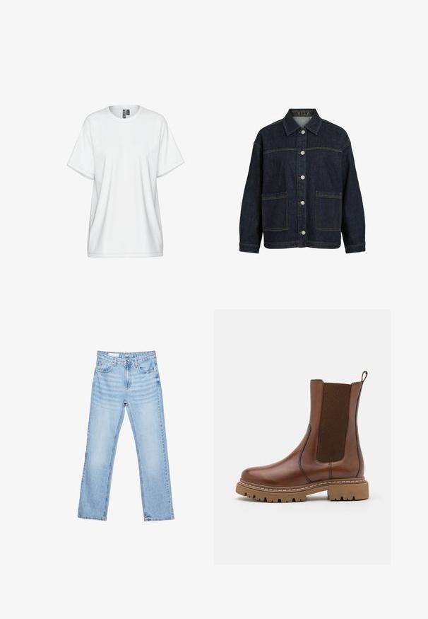 Veste en jean bleu foncé à manches longues, fermeture boutonnée devant, grandes poches avant et col, avec étiquette VILA à l'intérieur du col.; T-shirt en coton blanc avec un col rond, des manches courtes et une coupe ample. Présente des détails de coutures discrètes et une étiquette au niveau du col.; Jean en denim bleu clair à jambes droites avec poches avant, passants de ceinture et fermeture par bouton et zip, présenté à plat sur fond blanc.; Bottine en cuir marron avec des panneaux élastiques et une languette de tirage. Elle possède une semelle en caoutchouc épaisse et des détails de couture visibles le long des bords.