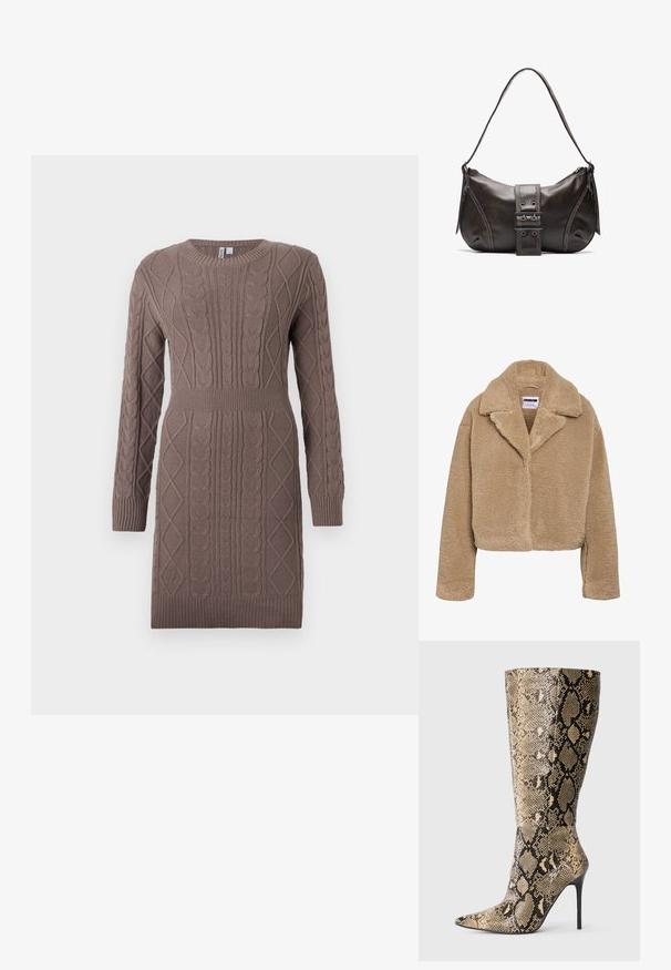 Cropped beige teddyjas met een reverkraag, gestructureerd fleece-materiaal en lange mouwen. Voorzien van een verborgen sluiting aan de voorkant.; Kabelgebreide jurk in een zachte bruine kleur, met een ronde halslijn, lange mouwen, geribbelde manchetten en een getailleerde taille.; Kniehoge stiletto laars met spitse neus en een beige-zwarte slangenleren patroon, weergegeven vanaf de zijkant op een effen achtergrond.; Bruine leren schoudertas met een gebogen vorm, voorzien van een opvallende gespdetail, contrasterende stiksels en een enkele schouderband.