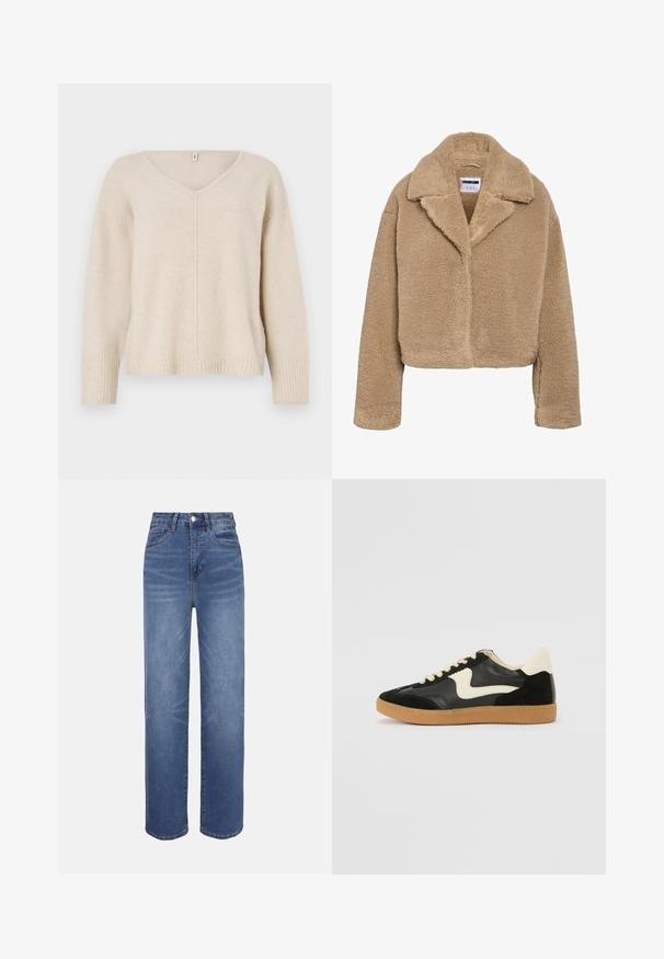 Manteau teddy beige court avec un col à revers, en matière polaire texturée, et manches longues. Comprend une fermeture avant dissimulée.; Pull en tricot beige avec un col en V, des poignets et un ourlet côtelés. Présente un design de couture centrale et une coupe ample. Matière douce et texturée.; Jean en denim bleu clair à taille haute, coupe droite, style cinq poches, avec des détails de décoloration subtils sur l'ensemble du tissu.; Baskets en daim et cuir noir avec un swoosh latéral crème et un talon crème clair. Dotées de lacets beige et d'une semelle en caoutchouc gomme.