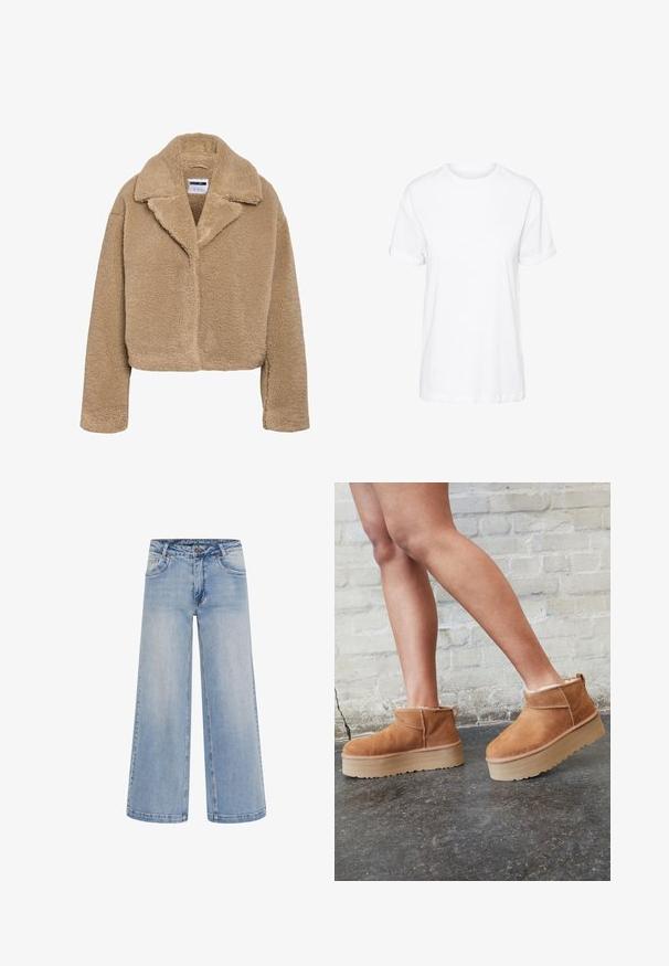 Croppet beige teddy-frakke med en slået reverskrave, tekstureret fleece-materiale og lange ærmer. Har en skjult frontlukning.; Hvid bomulds t-shirt med korte ærmer, rund hals og en afslappet pasform, med en glat tekstur og uden synlige mønstre.; Lyseblå brede jeans med høj talje, fem lommer og kontrastsyninger. Fremstillet af denim med en glat tekstur.; Brune ruskinds ankelsko med en blød foring, tyk beige plattformsål og en bageste løkke. Tekstureret overflade med synlige sømdetaljer.
