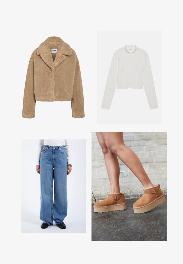 Abrigo teddy corto beige con cuello con muesca, material de forro polar texturizado y mangas largas. Cuenta con un cierre frontal oculto.; Top blanco de manga larga con un alto cuello, que presenta un diseño de costura diagonal y un dobladillo cropped. Tejido suave con una textura lisa.; Persona vistiendo vaqueros azules de talle alto y pierna ancha, mocasines negros, camiseta blanca de manga larga y una pulsera de cadena, de pie frente a un fondo blanco liso.; Botas de tobillo de ante marrón con forro suave, suela de plataforma gruesa beige y una lengüeta trasera. Superficie texturizada con detalles de costura visibles.