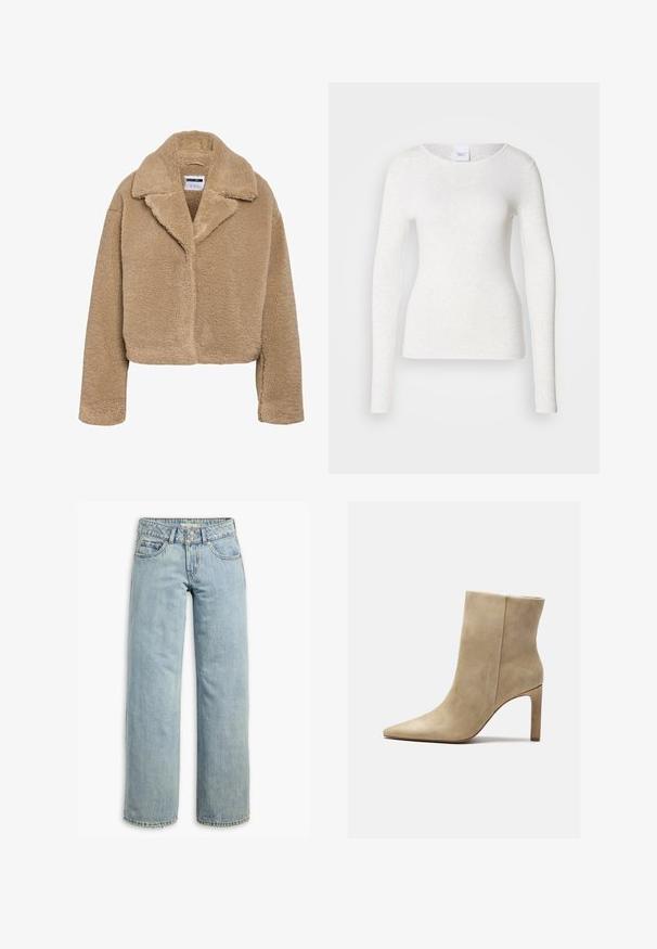 Manteau teddy beige court avec un col à revers, en matière polaire texturée, et manches longues. Comprend une fermeture avant dissimulée.; T-shirt blanc à manches longues en tissu doux et léger avec un col rond et une coupe ajustée, présentant une texture subtile.; Jean en denim bleu clair avec une coupe large, arborant une taille haute, un style classique à cinq poches, et un léger délavé pour la texture.; Zign by Zalando Bottines à talons hauts - beige