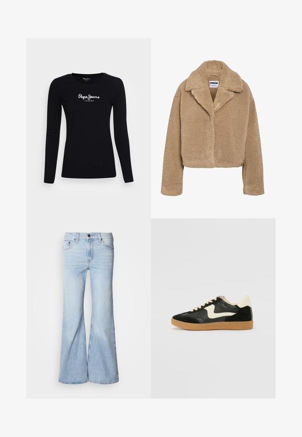Cropped beige teddyjas met een reverkraag, gestructureerd fleece-materiaal en lange mouwen. Voorzien van een verborgen sluiting aan de voorkant.; Zwarte langwerpige T-shirt van katoen, met een ronde halslijn en een wit "Pepe Jeans LONDON" logo in het midden.; Lichtblauwe flare jeans met een hoge taille, gemaakt van denim, voorzien van vijf zakken en een knoopsluiting. De pijpen zijn wijd en hebben een licht vervaagde afwerking.; Zwarte suède en leren sneaker met een crèmekleurige zij-swoosh en lichte crèmekleurige hiel. Voorzien van beige veters en een gumrubberen zool.