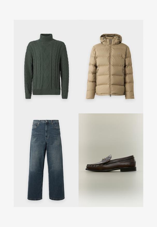 Veste rembourrée marron clair avec une fermeture éclair à l'avant, des poignets élastiques et une capuche. Comprend des coutures horizontales et deux poches latérales.; Pull à col roulé en tricot torsadé vert foncé avec des motifs en losanges et en tresses, finitions côtelées aux manches et à l'ourlet.; Jeans en denim à jambes larges de couleur bleu foncé, avec un effet délavé, un design à cinq poches et des coutures robustes. Fermeture à boutons à la taille.; Mocassin en cuir marron foncé avec un petit talon noir, coutures mocassin et une bride décorative sur le dessus.