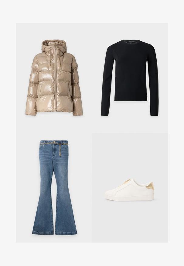 Doudoune beige brillante avec capuche, fermeture éclair à l'avant, cordons réglables avec embouts dorés et poches latérales, présentée sur un fond uni.; Pull noir à manches longues avec col rond, coupe slim et détails subtils de couture, présenté sur un fond clair uni.; Jean flare en denim délavé moyen, avec un détail en chaîne dorée à la taille et une conception standard à cinq poches.; Baskets blanches à enfiler en cuir lisse, avec une fermeture éclair dorée et un accent près du talon avec une finition texturée et un logo embossé sur le côté.