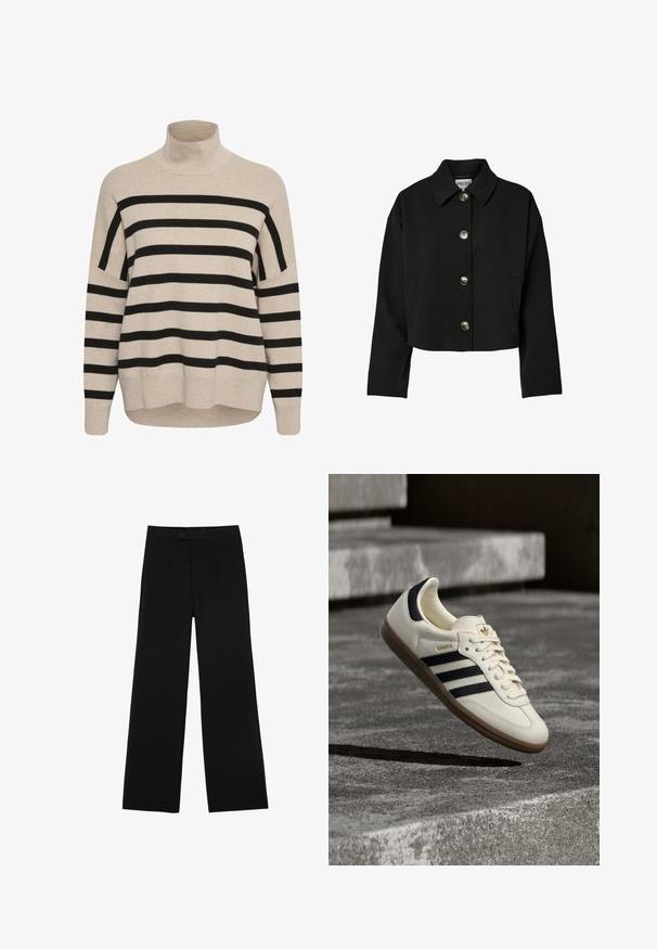Zwarte cropped jas met lange mouwen, vier knopen aan de voorkant, zijzakken en een brede kraag.; Beige coltrui met zwarte horizontale strepen. Kenmerken zijn drop shoulders, geribbelde manchetten en een ontspannen fit. Zachte gebreide textuur.; Zwarte wijde broek van gladde stof, met een ritssluiting aan de voorkant en twee plooien voor extra detail. Over het geheel een nauwkeurige pasvorm.; Witte Adidas Samba sneaker met zwarte strepen en gumzool, zwevend boven gestructureerde grijze betonnen treden.