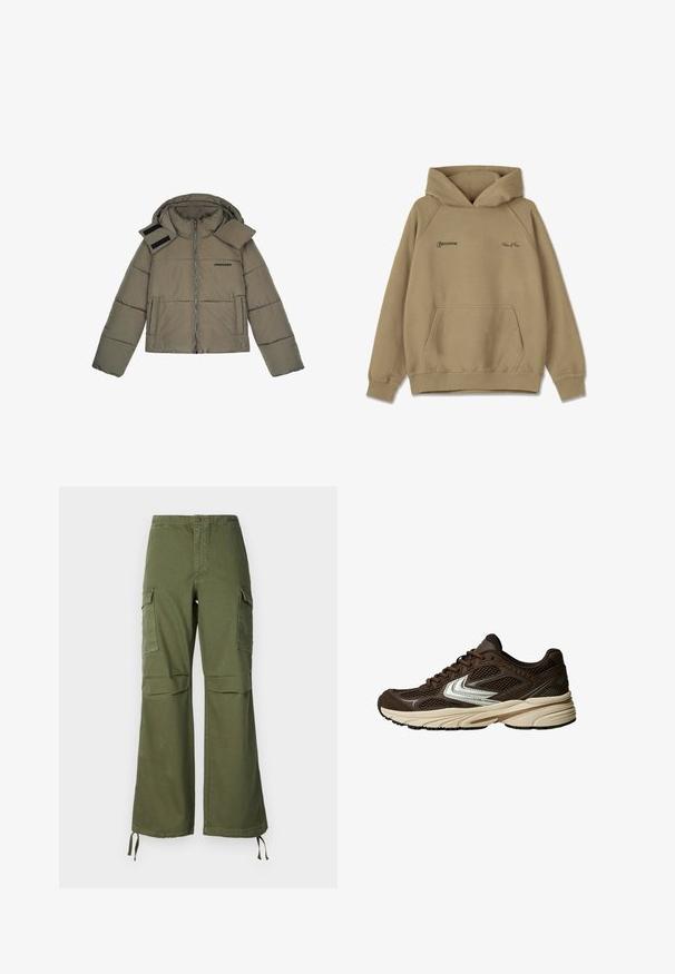 Olivengrøn polstret jakke med lynlås, fast hoodie og detalje med skulderrem. Har et logo på brystet og sidelommer.; Beige hættebluse i fleece materiale, med en frontlomme, ribbede mansjetter og broderede logoer på brystet.; Olivengrønne cargo-buksen i bomuld med bred ben-design, to sidelommer og justerbare snore ved kanten.; Brun atletisk sko med mesh-paneler, et hvidt accentdesign, en polstret gummisål og en strikket overdelsmateriale for åndbarhed.