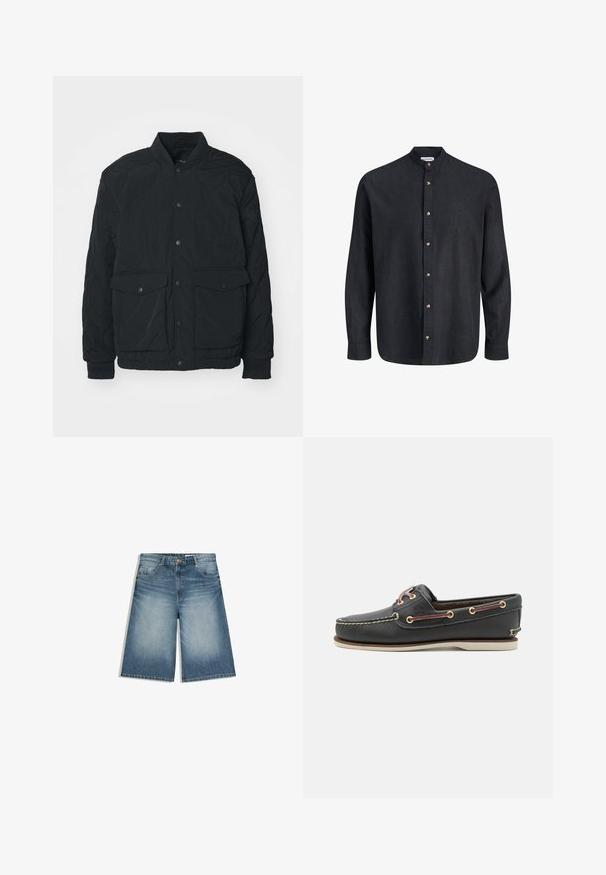 Veste noire matelassée avec un col côtelé, des boutons-pression, deux poches avant et des poignets élastiques ; présente une texture mate et un design léger.; Chemise noire à manches longues pour hommes avec col montant et fermeture boutonnée à l'avant, comportant sept boutons en bois.; Shorts en jean bleu moyen jusqu'au genou avec poches avant, passants pour ceinture et fermeture par bouton, présentant un léger effet délavé sur les cuisses.; Bateau en cuir noir avec un bout arrondi, semelle en caoutchouc blanche, œillets dorés et lacets maroon contrastants. Comprend des détails cousus.