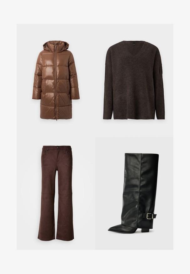 Manteau matelassé marron avec une texture brillante, capuche amovible, fermeture éclair à l'avant et grandes sections matelassées. Design mi-long.; Pull en v noir, marron foncé, avec des manches longues et une coupe décontractée. Texture douce et légère nervure aux poignets et à l'ourlet. Pas de logos visibles.; Pantalons évasés marron en tissu doux semblable à du daim. Comprend quatre poches, une fermeture à bouton et une surface lisse et texturée.; Bottes noires en cuir longueur cheville avec un bout pointu, texture lisse et une accent en boucle argentée sur le côté. Talon carré épais.