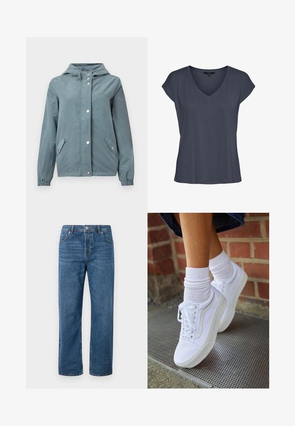 Hellblaue Jacke mit Kapuze, ausgestattet mit einem Reißverschluss und Druckknöpfen, zwei Seitentaschen und elastischen Bündchen. Weiche, glatte Textur.; Dunkelgraues Damen-T-Shirt mit V-Ausschnitt, kurzen Ärmeln, lockerem Schnitt und leicht hängenden Schultern, flach auf weißem Hintergrund dargestellt.; Blaue Jeans aus Denim mit geradem Bein und hoher Taille. Zu den Merkmalen gehören Fronttaschen, ein Knopfverschluss und dezente Nähte.; Weiße Leinensneaker mit Gummisohlen, ausgestattet mit sechs Ösen, runder Zehenpartie und dezenten Nähten, kombiniert mit weißen Knöchelsocken.