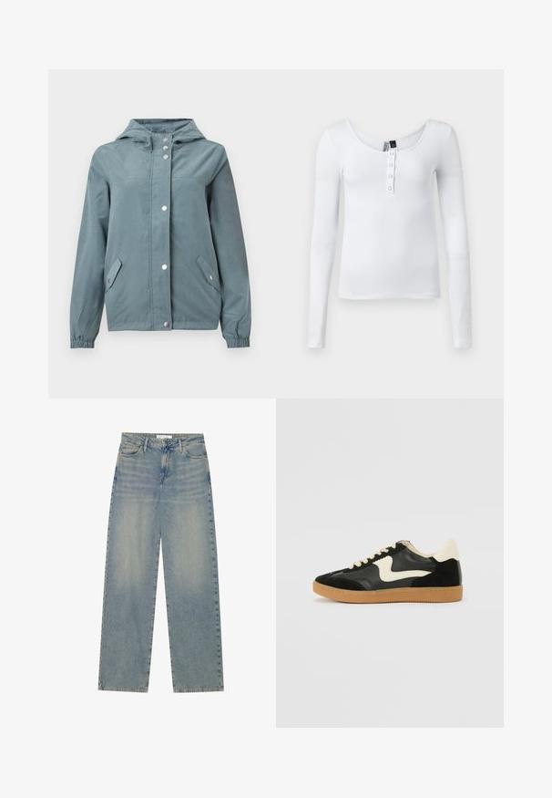Lichtblauwe jas met een capuchon, voorzien van een ritssluiting en drukknoopsluiting, twee zijzakken en elastische manchet. Zachte, gladde textuur.; Witte langarm ribgebreide top met een ronde halslijn en vier knopen aan de voorkant. De stof heeft een gladde textuur en een getailleerd ontwerp.; Lichtblauwe high-waist spijkerbroek met rechte pijpen, voorzakken, riemlussen en zichtbare knoop- en ritssluiting.; Zwarte suède en leren sneaker met een crèmekleurige zij-swoosh en lichte crèmekleurige hiel. Voorzien van beige veters en een gumrubberen zool.
