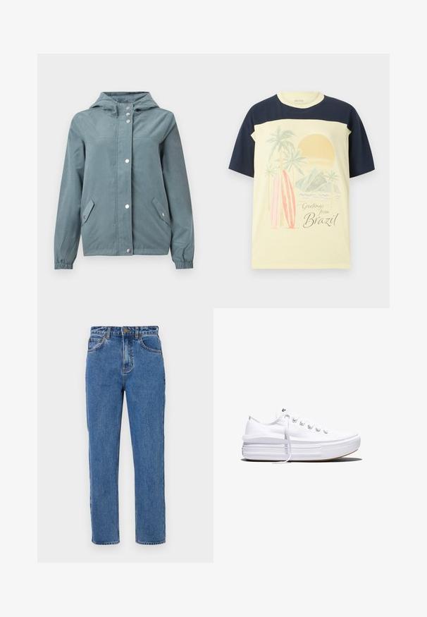 Lys blå jakke med hætte, der har en lynlås og trykknapper, to sidelommer og elastiske manchetter. Blød, glat tekstur.; Lysegul t-shirt med mørkeblå ærmer. Har en grafisk print af palmetræer, surfbrætter og en sol, samt teksten "Hilsner fra Brasilien".; Højtaljede blå denimjeans, lige ben, knaplukning, fem lommer, let falming og tonale syninger.; Hvid lavt snørestøvle med tyk plateau-sål, snørelukning foran og gummiforstærket tåkap, set i sideprofil.