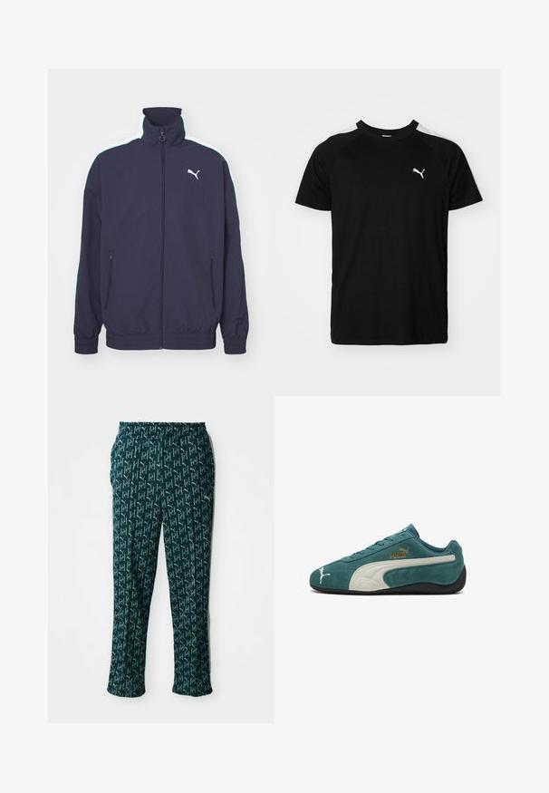 Marinejakke med høj krave, frontlynlås, sidelommer og kontrasterende hvide og mintgrønne striber på skuldrene. Har logo accent.; Sort kortærmet t-shirt med hvide accentstriber på skuldrene, rund halsudskæring og lille hvidt logo på venstre bryst. Blødt stof, klassisk pasform.; Grønne mønstrede bukser med et gentaget logo-design, med elastisk talje og lige snit, præsenteret mod en neutral baggrund.; Turkis ruskind Puma-sneakers med hvid side-stribe, guld Puma-logo, sort sål og hvidt Puma-katlogo på tåområdet.