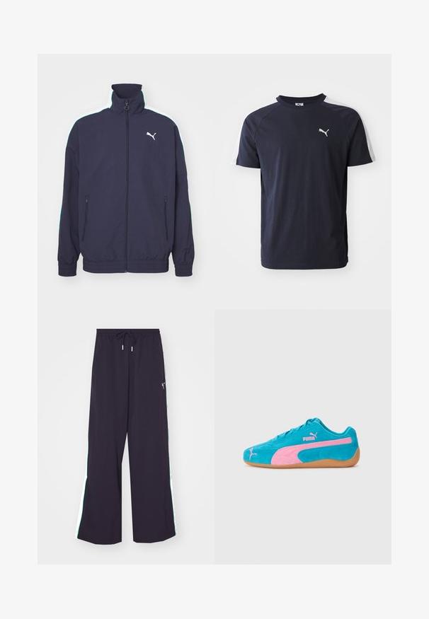 Marineblauwe jas met hoge kraag, ritssluiting aan de voorkant, zijzakken en contrasterende witte en mintgroene strepen op de schouders. Bevat een logo-accent.; Donkerblauwe katoenen t-shirt met korte mouwen, licht van gewicht, met witte raglanmouwen en een klein wit Puma-logo op de borst.; Zwarte wijde broek van lichtgewicht stof. Voorzien van een trekkoord in de taille en contrasterende groene zijkanten met een logo-accent.; Suede sneakers in helderblauw met roze accenten en een gumrubberen zool. Beschikt over een vetersluiting en geborduurd logo detail.