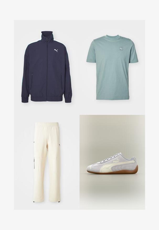 Chaqueta de marina con un cuello alto, cremallera frontal, bolsillos laterales y rayas en blanco y verde menta en los hombros. Presenta un acento de logo.; Camiseta de algodón verde claro con cuello redondo, mangas cortas y un pequeño parche blanco con logo en la parte superior izquierda del pecho. Diseño sencillo, sin estampados.; Pantalones de chándal de color beige claro, hechos de un tejido suave. Presentan un logo negro, bolsillos laterales con cremalleras y un corte relajado.; Zapatilla de deporte Puma de ante gris claro con detalle de raya blanca y suela de goma, vista desde el lateral exterior sobre un fondo neutro.