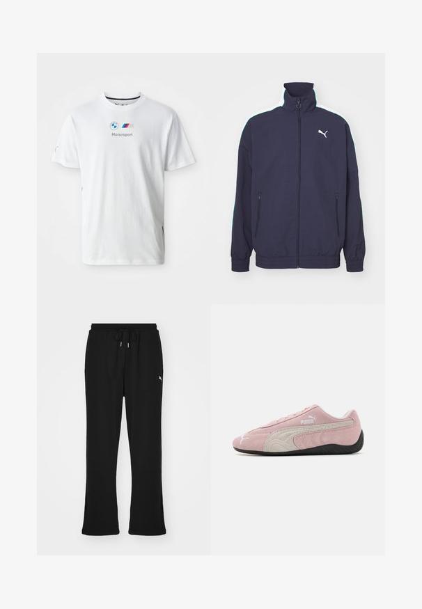 Marinejakke med høj krave, frontlynlås, sidelommer og kontrasterende hvide og mintgrønne striber på skuldrene. Har logo accent.; Hvid bomulds t-shirt med BMW-logoet, "Motorsport" tekst i grå og farverige accenter på siderne. Kortærmet og med rund halsdesign.; Sorte sweatpants med elastisk talje og snor, med sidelommer og et diskret logo på venstre ben. Blødt stof, flagrende form.; Lyserøde ruskinds sneakers med grå detaljer, strømlinet design, tekstureret overdel og sort gummisål. Har Puma-logo på siden.
