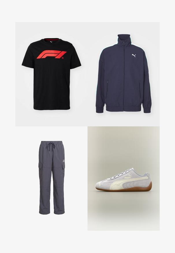 Marinejakke med høj krave, frontlynlås, sidelommer og kontrasterende hvide og mintgrønne striber på skuldrene. Har logo accent.; Sort bomulds T-shirt med et stort rødt Formula 1-logo på forsiden. Rund halsudskæring og korte ærmer, glat tekstur.; Mørkegrå løstsiddende cargobukser med elastisk taljebånd, snøre og klaplommer på siderne, med Puma-logo på højre lår.; Lys grå Puma ruskindssneaker med hvid stribedetalje og gummisål, set fra ydersiden mod en neutral baggrund.
