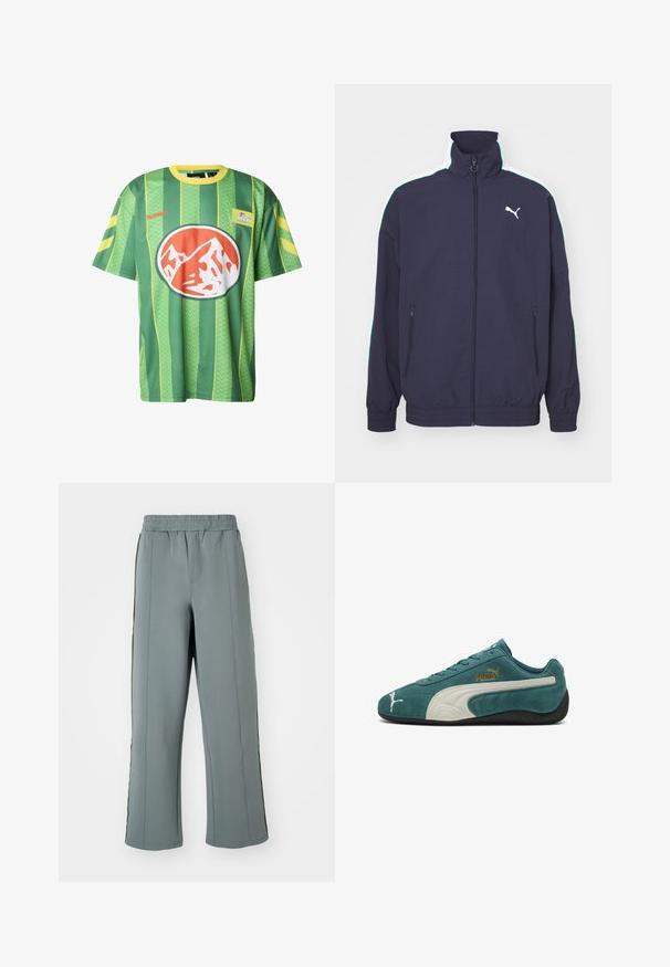 Veste marine avec un col haut, fermeture éclair à l'avant, poches latérales et rayures blanches et vert menthe contrastées sur les épaules. Présente un accent logo.; Maillot à manches courtes rayé vert et jaune en tissu léger, arborant un logo rond proéminent avec un design de montagne orange et blanc.; Pantalon de jogging gris en tissu lisse, doté d'une taille élastique et de bandes verticales contrastantes sur les côtés. Design ample.; Baskets Puma en daim bleu sarcelle avec bande blanche sur le côté, logo Puma doré, semelle noire et logo Puma en forme de chat blanc sur la zone des orteils.