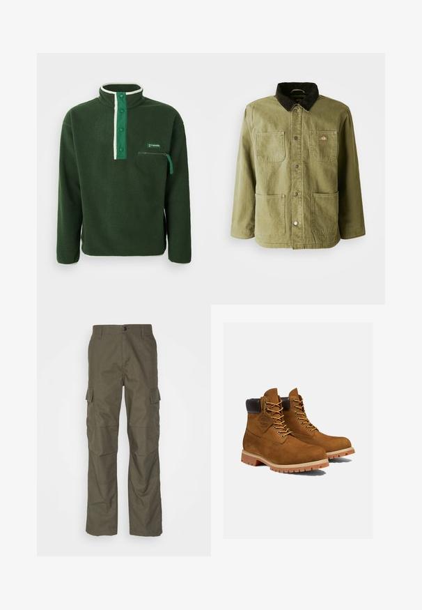Chaqueta verde olivo con un cuello de pana oscuro, que cuenta con dos bolsillos frontales, botones a presión y un sutil logo en el lado izquierdo del pecho.; Polaire verde con cuello alto, que presenta una cremallera blanca en contraste, botones a presión y un bolsillo en el pecho con cremallera. Tejido texturizado.; Pantalones cargo en color oliva con corte recto, fabricados en tejido texturizado. Presentan grandes bolsillos laterales y un cierre de botón.; Botines de ante marrón con un cuello acolchado negro, ojales dorados y suela de goma gruesa con un patrón de tacos para mayor tracción.