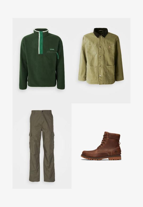 Chaqueta verde olivo con un cuello de pana oscuro, que cuenta con dos bolsillos frontales, botones a presión y un sutil logo en el lado izquierdo del pecho.; Polaire verde con cuello alto, que presenta una cremallera blanca en contraste, botones a presión y un bolsillo en el pecho con cremallera. Tejido texturizado.; Pantalones cargo en color oliva con corte recto, fabricados en tejido texturizado. Presentan grandes bolsillos laterales y un cierre de botón.; Botín de cuero marrón hasta el tobillo con diseño de cordones, cuello acolchado, costuras en contraste y suela de goma con un patrón de textura.