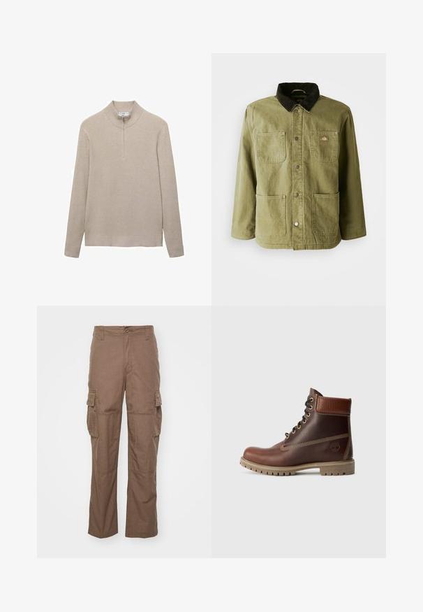 Chaqueta verde olivo con un cuello de pana oscuro, que cuenta con dos bolsillos frontales, botones a presión y un sutil logo en el lado izquierdo del pecho.; Suéter beige con canalé, cuello alto y cierre de media cremallera. Las mangas largas y el diseño ajustado del dobladillo realzan el aspecto texturizado.; Pantalones cargo marrones de tejido texturizado, con dos bolsillos laterales, cierre de botón y diseño de pierna recta.; Botín de cuero marrón con cordones, cuello acolchado, costuras en contraste y suela resistente, mostrado desde el lado exterior sobre un fondo blanco.