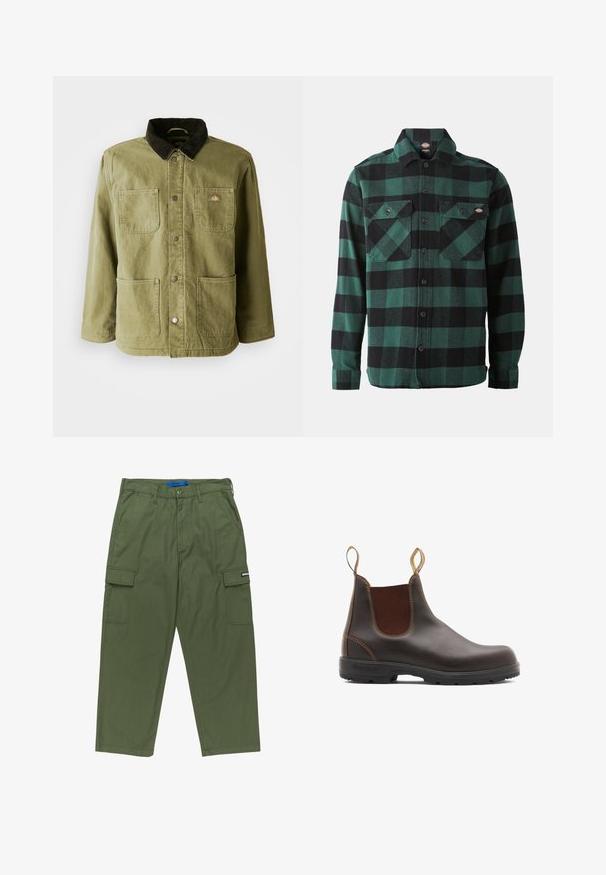 Chaqueta verde olivo con un cuello de pana oscuro, que cuenta con dos bolsillos frontales, botones a presión y un sutil logo en el lado izquierdo del pecho.; Camisa de franela a cuadros verdes y negros, con mangas largas, cierre de botones en la parte frontal, dos bolsillos en el pecho y cuello clásico. Textura suave, diseño versátil.; Pantalones cargo verdes con un corte recto, múltiples bolsillos laterales y cierre con cremallera. Fabricados en tejido de algodón resistente. Presenta etiqueta de la marca.; Botas Chelsea de cuero marrón con paneles laterales elásticos y tiradores. Parte superior texturizada, suela de goma duradera y detalle de costura en contraste.