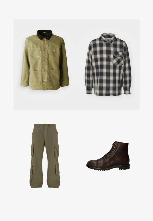 Chaqueta verde olivo con un cuello de pana oscuro, que cuenta con dos bolsillos frontales, botones a presión y un sutil logo en el lado izquierdo del pecho.; Camisa de franela a cuadros en negro y crema con mangas largas, cierre de botones y un bolsillo en el pecho. Textura suave, diseño con cuello y dobladillo recto.; Pantalones cargo en verde olivo. Fabricados en algodón, con múltiples bolsillos laterales, corte recto y detalles de costura visibles.; Bota de tobillo de cuero marrón oscuro con cordones, suela de goma resistente y ojales de metal, vista desde el lado exterior.