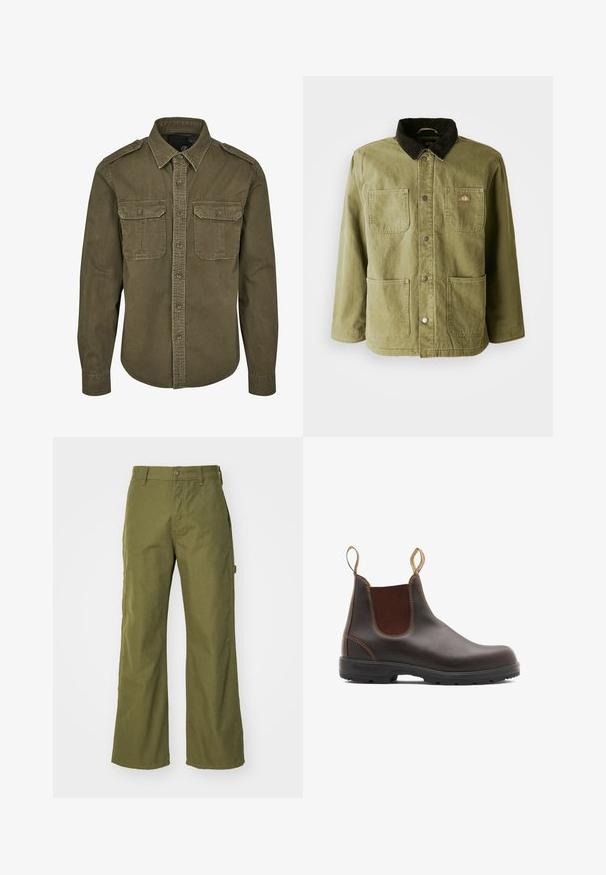 Chaqueta verde olivo con un cuello de pana oscuro, que cuenta con dos bolsillos frontales, botones a presión y un sutil logo en el lado izquierdo del pecho.; Camisa verde oliva de botones hecha de algodón. Cuenta con un cuello, dos bolsillos en el pecho con solapas y hombros estructurados con costuras visibles.; Pantalones de pernera ancha en verde oliva, confeccionados con una tela resistente, que presentan un cierre de botón, bolsillos laterales y un diseño de dobladillo recto.; Botas Chelsea de cuero marrón con paneles laterales elásticos y tiradores. Parte superior texturizada, suela de goma duradera y detalle de costura en contraste.