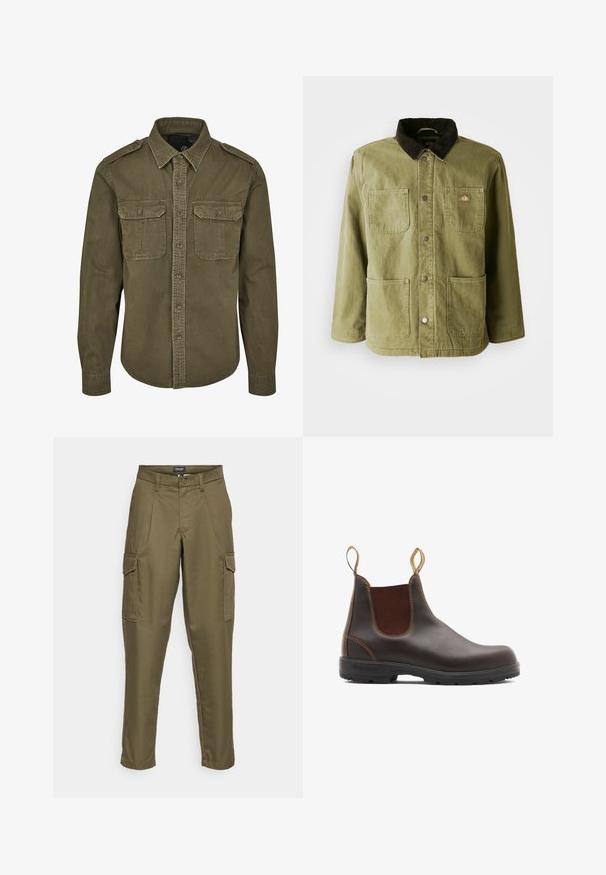 Chaqueta verde olivo con un cuello de pana oscuro, que cuenta con dos bolsillos frontales, botones a presión y un sutil logo en el lado izquierdo del pecho.; Camisa verde oliva de botones hecha de algodón. Cuenta con un cuello, dos bolsillos en el pecho con solapas y hombros estructurados con costuras visibles.; Pantalones cargo en verde oliva con corte recto, bolsillos frontales y bolsillos laterales. Fabricados con una tela duradera de textura suave.; Botas Chelsea de cuero marrón con paneles laterales elásticos y tiradores. Parte superior texturizada, suela de goma duradera y detalle de costura en contraste.
