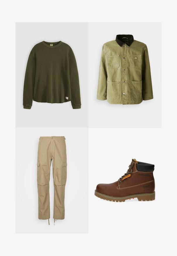 Chaqueta verde olivo con un cuello de pana oscuro, que cuenta con dos bolsillos frontales, botones a presión y un sutil logo en el lado izquierdo del pecho.; Suéter de manga larga en verde oliva, confeccionado en un material texturizado y acanalado, con cuello redondo, corte relajado y una pequeña etiqueta de la marca en el dobladillo inferior.; Pantalones cargo caqui hechos de una tela ligera, con múltiples bolsillos laterales, un ajuste relajado y puños ajustables con cordón en el dobladillo.; Dockers by Gerli Botines con cordones - cognac