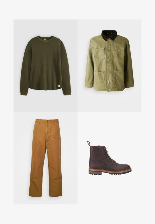 Chaqueta verde olivo con un cuello de pana oscuro, que cuenta con dos bolsillos frontales, botones a presión y un sutil logo en el lado izquierdo del pecho.; Suéter de manga larga en verde oliva, confeccionado en un material texturizado y acanalado, con cuello redondo, corte relajado y una pequeña etiqueta de la marca en el dobladillo inferior.; Pantalones utilitarios de algodón marrón con un diseño de pierna recta, que cuentan con bolsillos frontales y acentos de metal para mayor durabilidad.; Botas de piel marrón con cordones hasta el tobillo, acabado texturizado, suelas beige contrastantes y ojales metálicos. Incluyen una lengüeta para facilitar su puesta.