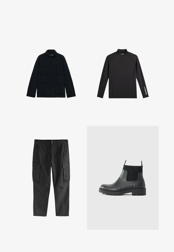 Zwarte jas met rits en hoge kraag, vier klepzakken aan de voorkant, lange mouwen en drukknoopmanchetten, plat gelegd op een witte achtergrond.; Zwart sporttopje met lange mouwen, opstaande kraag, slim fit en witte "J.Lindeberg"-logo op linkerarm en kraag.; Zwarte cargobroek met ritssluitingen op de voorzakken, knoopsluitingen op de zijflapzakken en riemlussen, weergegeven tegen een witte achtergrond.; Zwarte enkelboots van rubber met een matte afwerking, voorzien van een slank ontwerp, elastische panelen en een chunky zool voor grip.