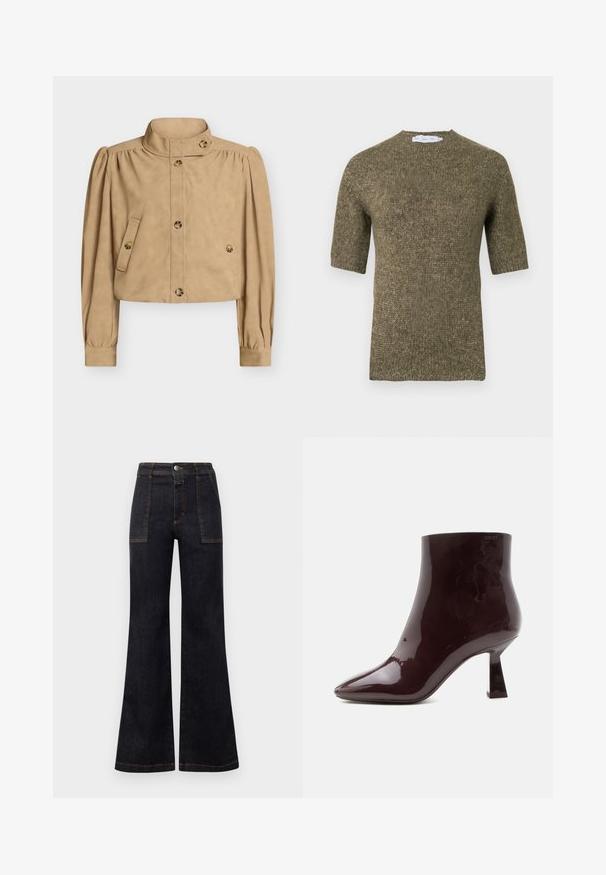 Veste courte beige avec col haut, manches longues bouffantes, devant boutonné, poches à rabat boutonnées, et détails de boutons sur le col et les poignets.; Pull en tricot à manches courtes, vert olive, avec un motif texturé et un col arrondi, présentant des détails côtelés sur les manches et l'ourlet.; Jean en denim foncé évasé avec taille haute, présentant des surpiqûres orange et deux poches avant. Texture lisse, finition soignée, design classique.; Bottine en cuir verni brun foncé brillant avec bout pointu et talon bloc mi-haut sur fond blanc uni.