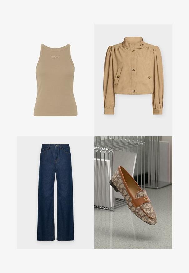 Chaqueta corta beige con cuello alto, mangas largas abullonadas, cierre frontal con botones, bolsillos con solapa abotonada y detalle de botones en el cuello y los puños.; Top sin mangas de canalé beige con escote redondo, diseño sin mangas y un pequeño logo en relieve en el centro delantera. Textura de tela suave.; Jeans de mezclilla azul de pierna ancha con costuras naranjas, una cintura alta y un cierre de botón en la parte delantera. Hechos de una resistente tela de mezclilla.; Mocasines marrones con estampado y una correa de cuero marrón claro, que presentan un acento de logo dorado y un tacón bajo negro sobre un fondo minimalista.