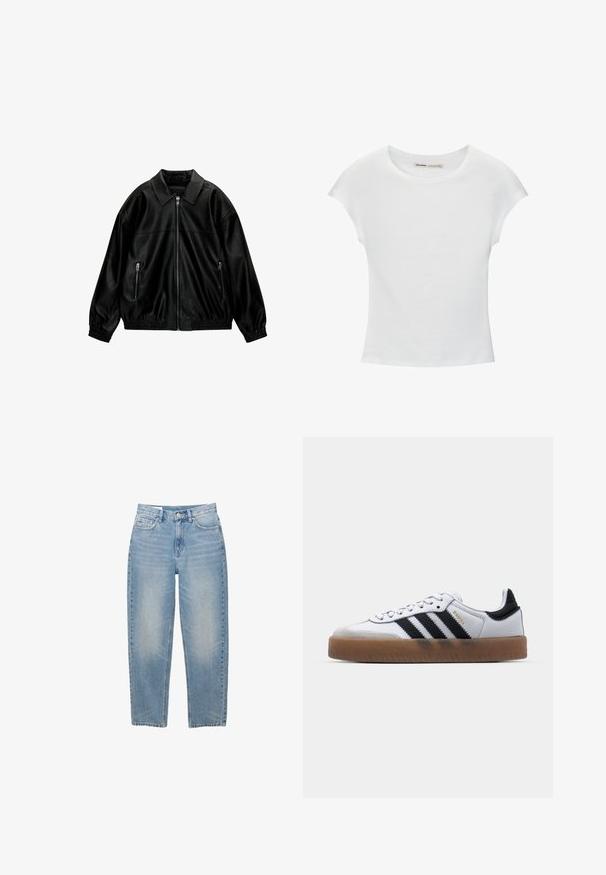 Schwarze Kunstlederjacke mit spitzem Kragen, mit frontaler Reißverschluss und elastischen Bündchen. Verfügt über zwei seitliche Reißverschlusstaschen. Glatte Textur.; Weißes Baumwoll-T-Shirt mit kurzen, aufgerollten Ärmeln, rundem Ausschnitt und geradem Saum. Glatte Textur ohne sichtbare Muster oder Akzente.; Hellblaue gerade geschnittene Jeans mit Knopf, Reißverschluss und fünf Taschen, auf weißem Hintergrund dargestellt.; Weiße Leder Sneakers mit schwarzen Streifen, Gummigummi-Außensohle, runder Zehenform, Schnürverschluss und weichem grauem Wildleder-Zehenkappe.