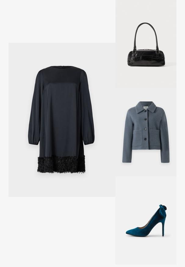 Veste en laine texturée bleu-gris avec un large col, fermeture par boutons sur le devant et deux grandes poches plaquées, présentée sur un fond blanc.; Robe mini noire à manches longues avec un col rond et un ourlet à franges texturées sur fond blanc.; Anna Field Escarpins - dark blue; Sac à main en cuir noir de forme rectangulaire, doté d'une seule ansse structurée, de quincaillerie argentée et d'une fermeture éclair. Texture lisse.