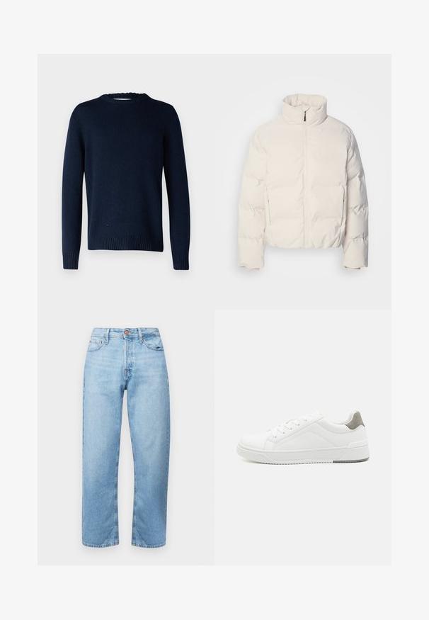 Chaqueta acolchada blanca con cuello alzado, cremallera frontal, corte cropped y textura acolchada, con un acabado liso y brillante.; Selected SLMCODY LS KNIT CREW NECK NOOS - Jersey de punto - sky captain; Vaqueros de mezclilla azul claro con corte recto, diseño de cinco bolsillos y cierre de botón. Textura suave y mínima decoloración con acentos cosidos.; Zapatilla blanca con material de cuero liso, punta redonda, diseño minimalista, acento gris en el talón y suela de goma texturizada.