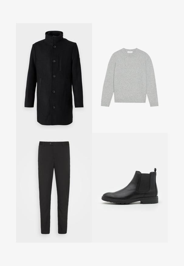 TOM TAILOR 2 IN 1 COAT - Zimný kabát - black; Svetlo šedý vlnený sveter s okrúhlym výstrihom, dlhými rukávmi a rebrovanými manžetami a spodným lemom. Jemná štruktúra s jednoduchým, minimalistickým dizajnom.; Čierne, priliehavé nohavice so strihom rovného nohu, prednými vreckami a zapínaním na gombík. Vyrobené z hladkej látky s jemným leskom.; Čierne kožené Chelsea čižmy s elastickými bočnými panelmi a pútkom, s okrouhlym špičkou a texturovanou gumenou podrážkou.