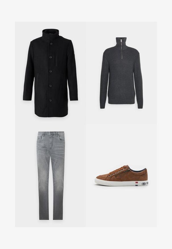 TOM TAILOR 2 IN 1 COAT - Wintermantel - black; Dunkelgrauer Strickpullover mit hohem Kragen und halbem Reißverschluss. Gerippte Textur über die gesamte Oberfläche, eng anliegende Ärmelbündchen und gerader Saum.; Graue Jeans aus Denim mit einem ausgebleichten Design, fünf Taschen, Knopfverschluss und geradem Schnitt. Sanfte Textur mit leichtem Verschleiß an den Kanten.; Braune Leder Sneaker mit weißer Gummisohle, Schnürung an der Vorderseite, seitlichem Reißverschluss und Logo-Akzenten in Rot, Weiß und Blau an der Ferse.