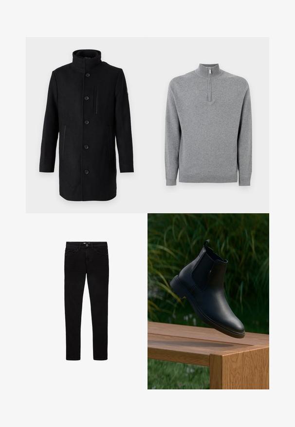 TOM TAILOR 2 IN 1 COAT - Zimný kabát - black; Šedý pulóver s vysokým golierom a zipsom do štvrť dĺžky. Má rebrované manžety a spodný lem, vyrobený z mäkkej pletenej látky.; Čierne džínsy vyrobené z denimu, s úzkym strihom, piatimi vreckami a gombíkovým zapínaním. Hladká textura a minimálne švy.; Čierne kožené kotníkové topánky visia nad drevenou lavicou s rozmazaným pozadím z zelenej trávy a rastlín.