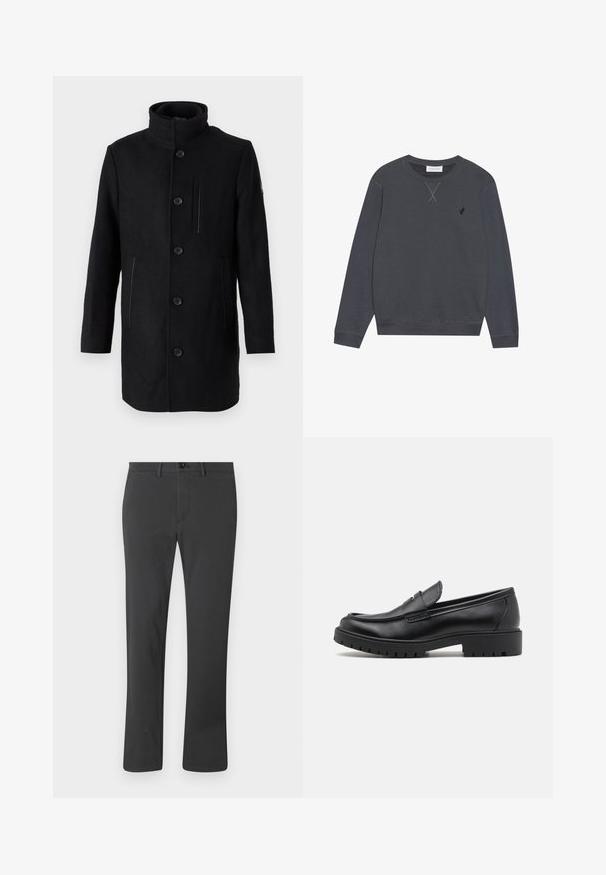 TOM TAILOR 2 IN 1 COAT - Manteau d'hiver - black; Sweatshirt gris foncé, en coton, col rond, manches longues, avec un détail de couture en X au niveau du col, petit logo sur la poitrine gauche.; Pantalon noir en tissu lisse, avec une coupe droite, fermeture éclair, bouton et passants de ceinture. Style basique et fonctionnel.; Mocassins en cuir noir avec un bout arrondi, un design à enfiler et une semelle en caoutchouc épaisse avec une texture antidérapante. Talon surélevé et détails de surpiqûre subtils.