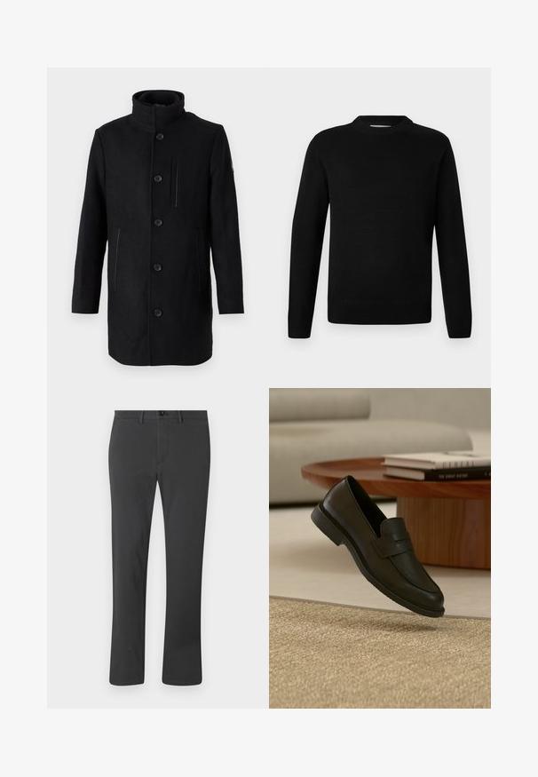 TOM TAILOR 2 IN 1 COAT - Manteau d'hiver - black; Pull en tricot à encolure ras du cou à manches longues, noir, avec des poignets et un ourlet côtelés, présenté sur un fond clair uni.; Pantalon noir en tissu lisse, avec une coupe droite, fermeture éclair, bouton et passants de ceinture. Style basique et fonctionnel.; Chaussure mocassin en cuir noir présentée en suspension au-dessus d'un tapis beige tissé, avec une table en bois et des livres empilés dans un salon doucement éclairé.